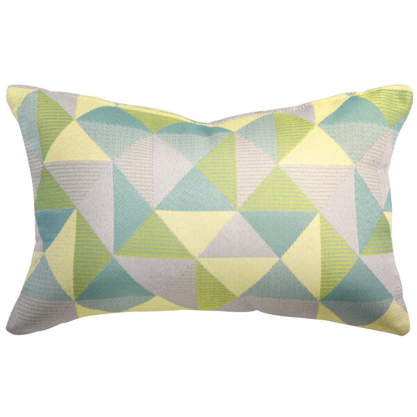 An Astella Ruskin Lagoon lumbar throw pillow with geometric shapes in green, yellow, and grey.