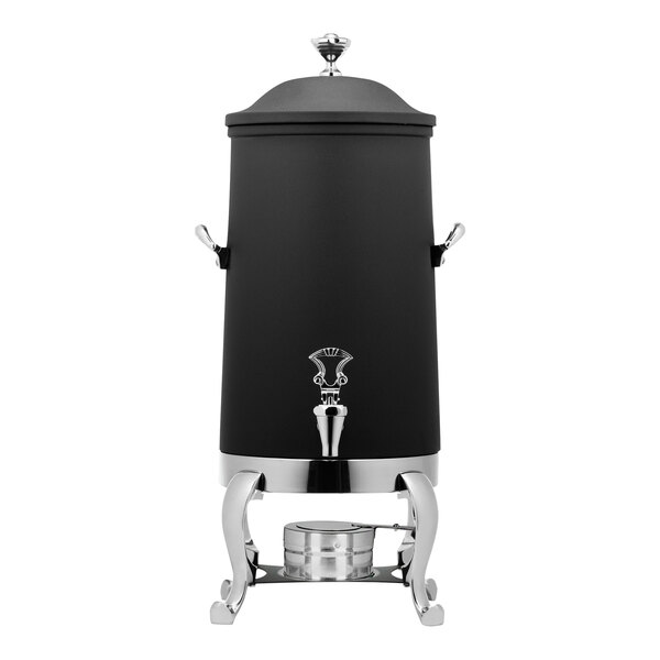 A black and silver Bon Chef stainless steel coffee chafer urn with a lid.