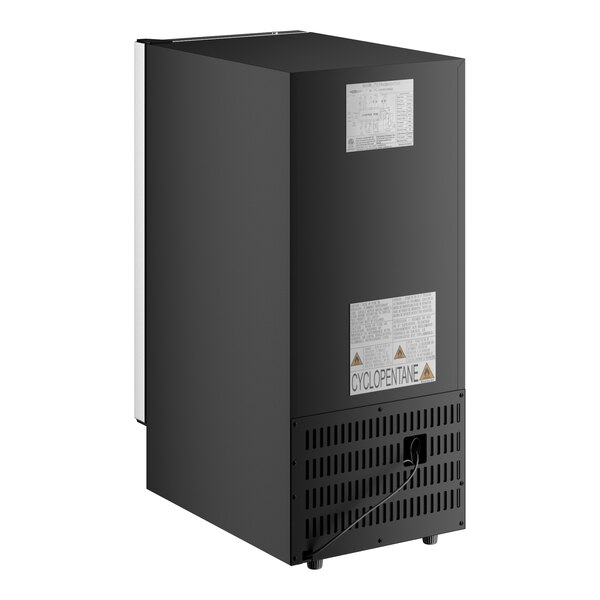 A black dual temperature commercial wine cooler with a full glass door and visible rear ventilation panel.