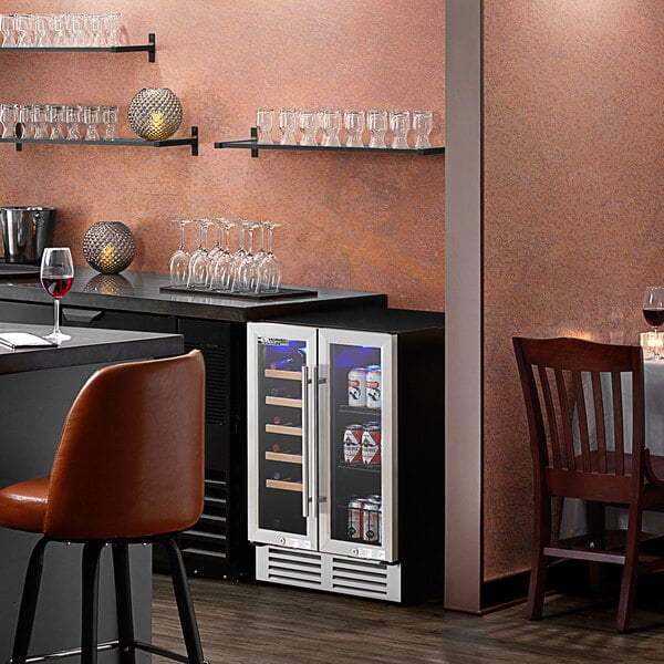A commercial wine cooler with wine glasses and a refrigerator.