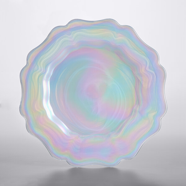 A close up of a Charge It by Jay alabaster glass charger plate with iridescent texture.