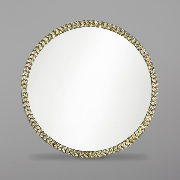 A round mirror with a silver border.