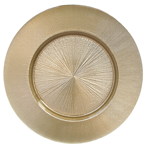A close up of a Charge It by Jay gold glass charger plate with a circular design.