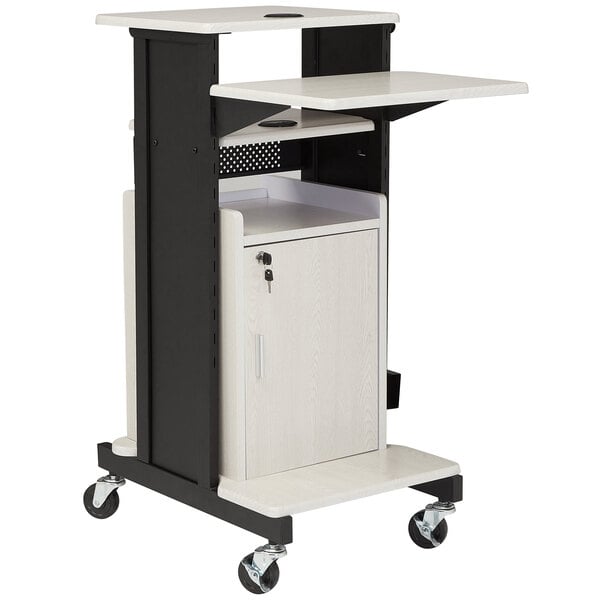 A white and black Oklahoma Sound presentation cart with wheels and a shelf.