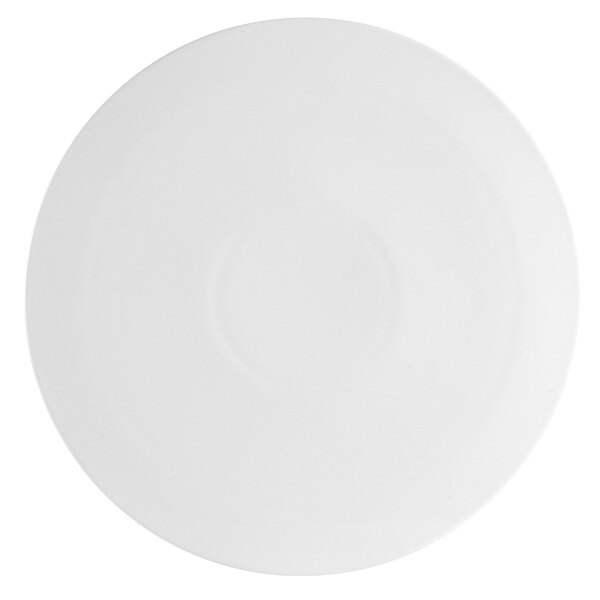 A close-up of a white CAC china pizza plate with a white rim and a circle in the middle.