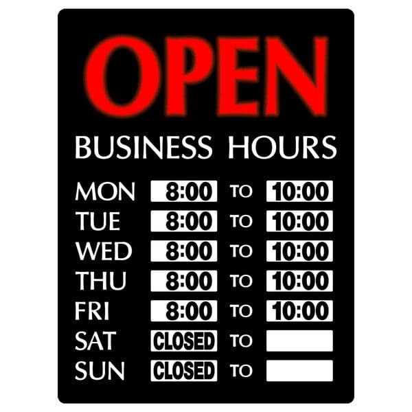 A black sign with white text that says "Open Business Hours" on a white background.
