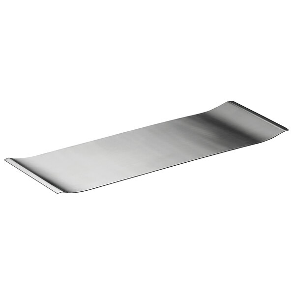 A Vollrath rectangular stainless steel serving tray with a satin finish and a handle.