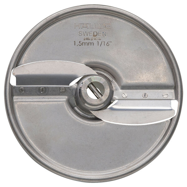 A Hobart stainless steel circular slicing plate with blades.