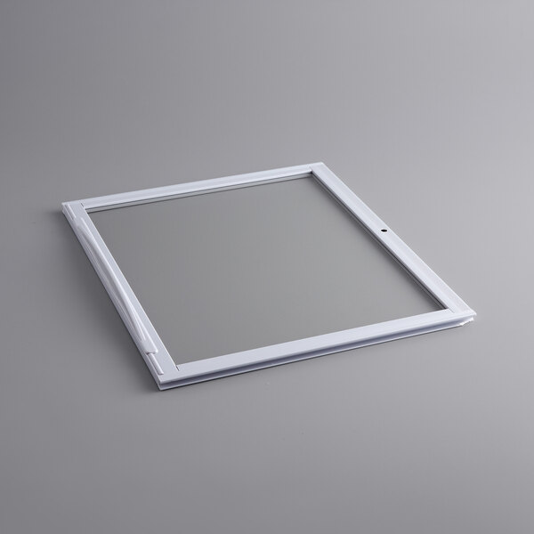 A white square frame with a clear glass lid and white border.