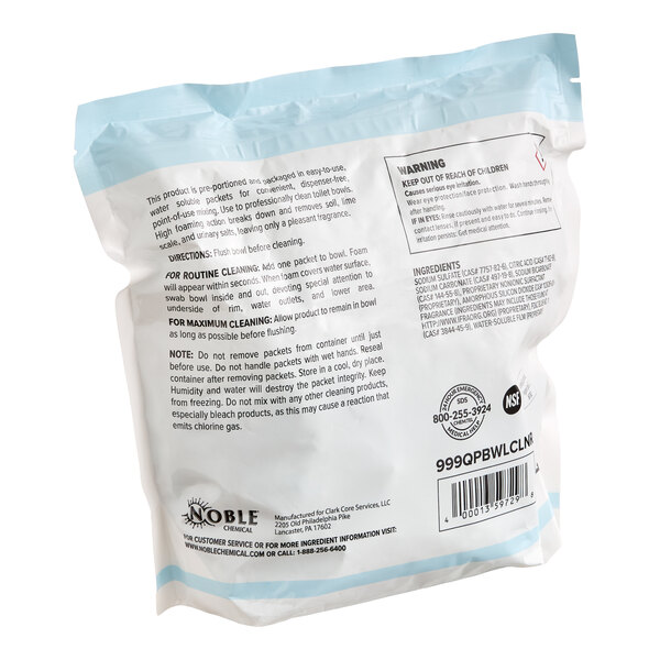 A bag of Noble QuikPacks concentrated bowl cleaner packs containing 90 individual 0.5 oz. packets.