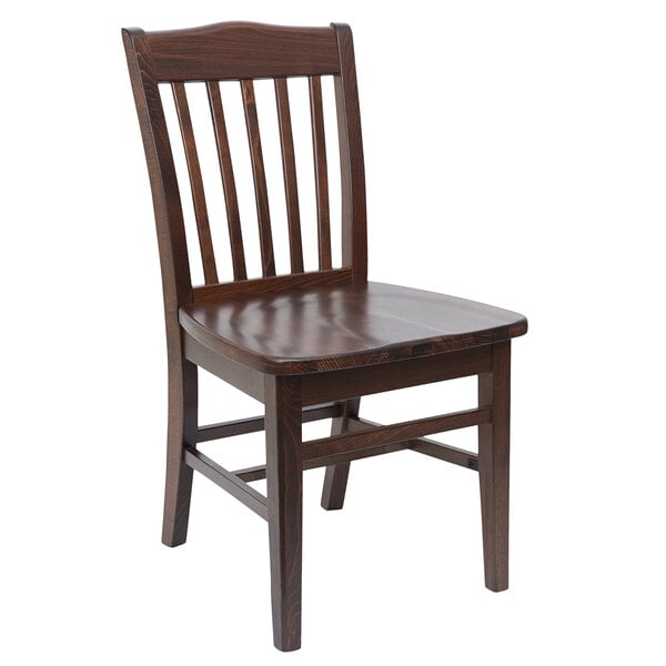 A BFM Seating Columbia dark walnut beechwood chair with a wooden seat.