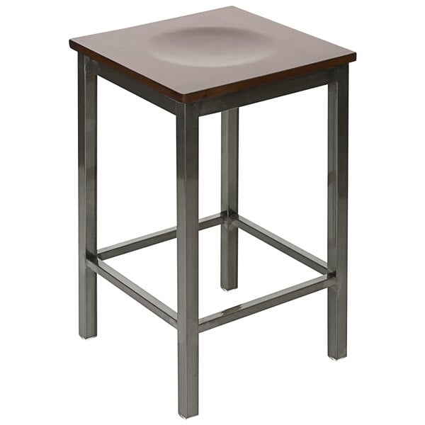 A BFM Seating Trent clear coated steel bar stool with a square walnut seat.