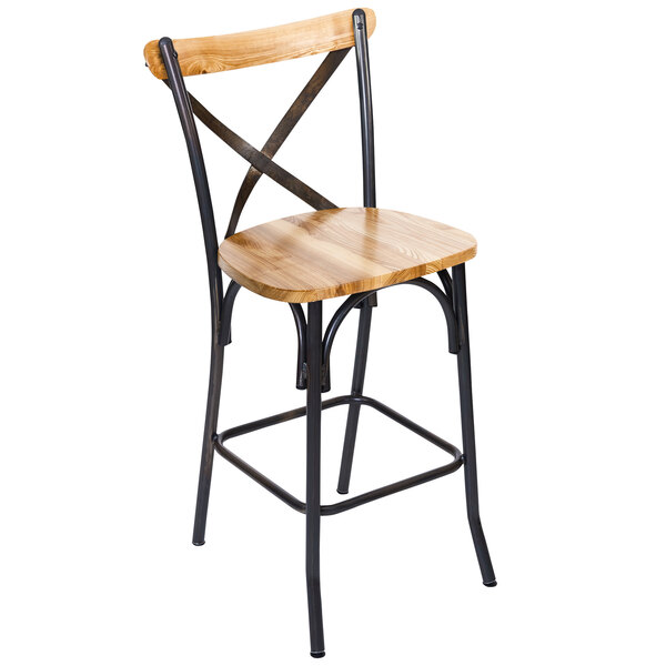 A BFM Seating Henry rustic bar stool with a wooden seat and back.