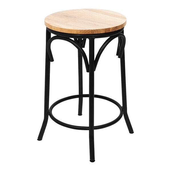 A BFM Seating Henry backless bar stool with a round wood seat and black frame.