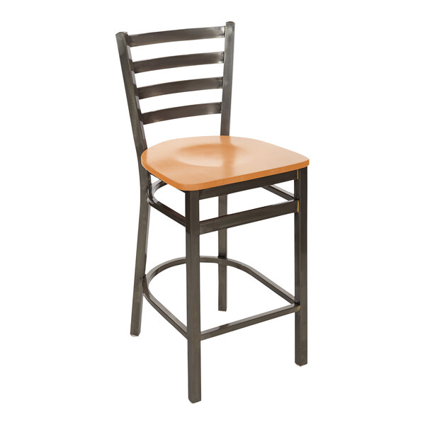 BFM Seating Lima Clear Coated Steel Counter Height Bar Stool with Cherry Wooden Seat