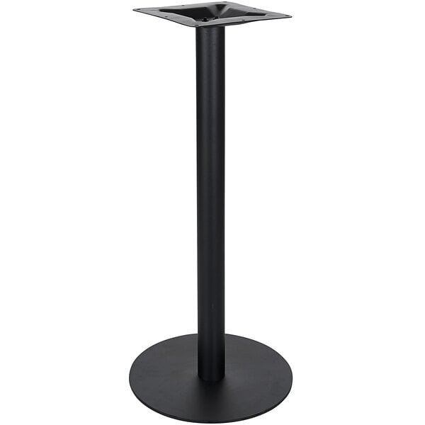 A BFM Seating black metal bar height table base with a pedestal.