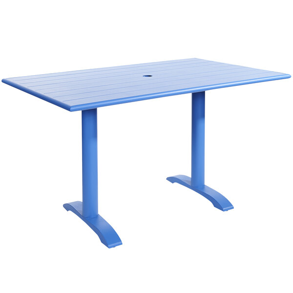 A berry powder coated aluminum table with a cross base and umbrella hole.
