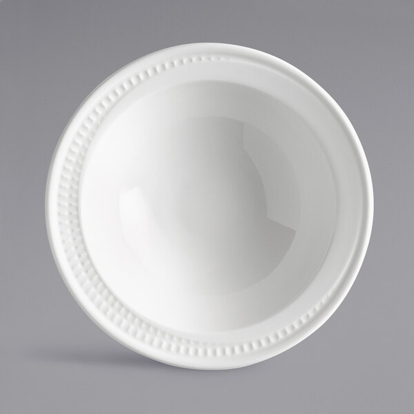 A Libbey Royal Rideau white porcelain bowl with a decorative rim.