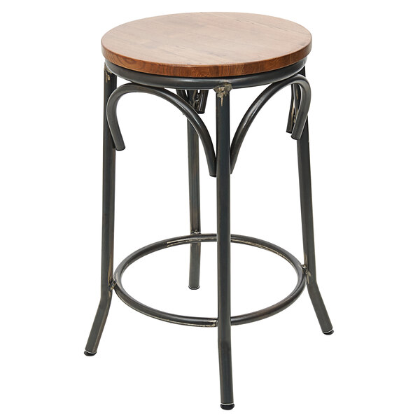 BFM Seating Henry Distressed Rustic Clear Coated Steel Backless Bar Stool with Autumn Ash Wooden
