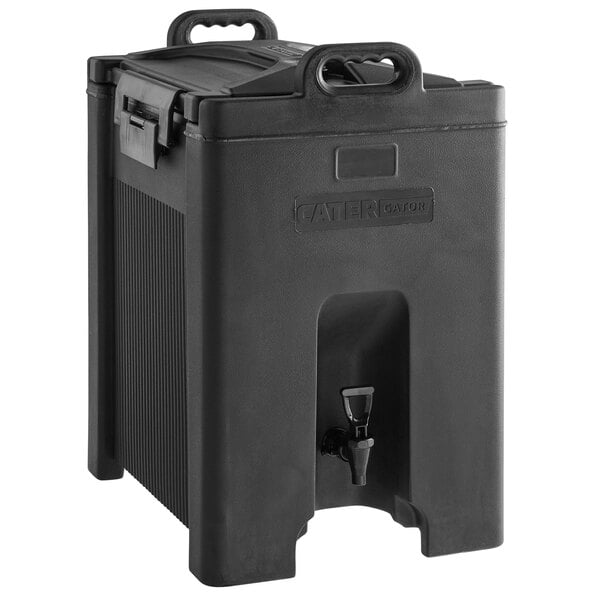 A black plastic CaterGator insulated beverage dispenser with a water dispenser.