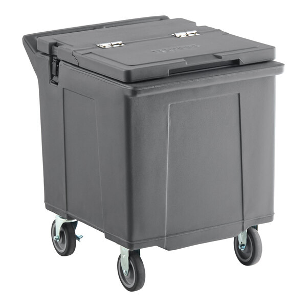 A gray mobile ice bin with a flip lid and caster wheels.