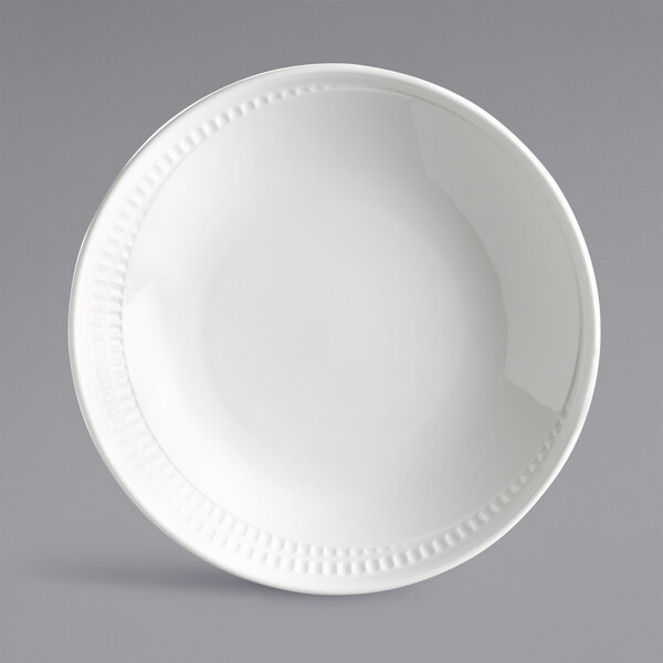 A white Libbey Royal Rideau deep coupe plate with a decorative edge.