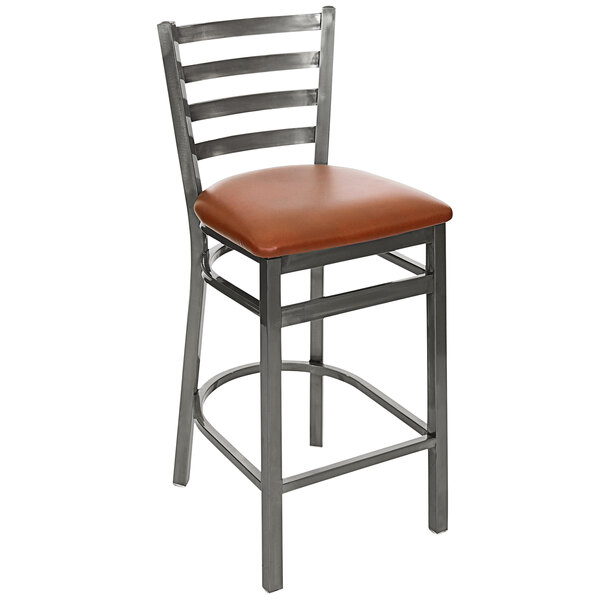 A BFM Seating metal bar stool with a light brown seat.