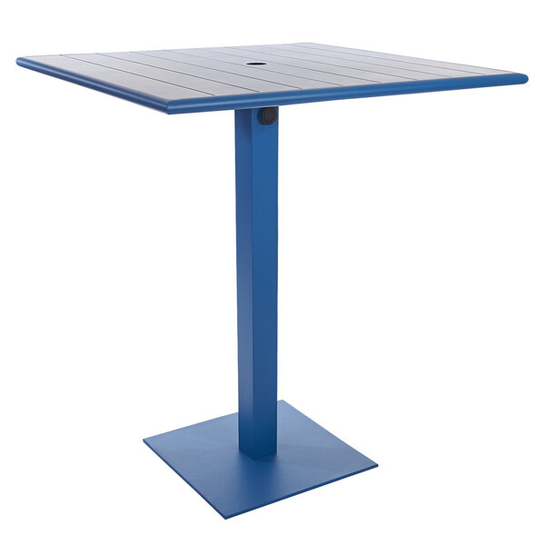 A blue square BFM Seating Beachcomber-Margate bar height table with a square base.