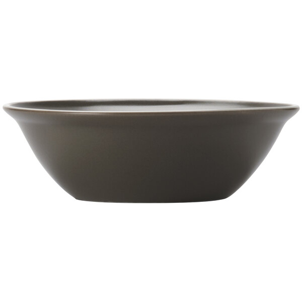 A close-up of a Libbey Englewood Porcelain Cereal / Soup Bowl with a dark gray rim.