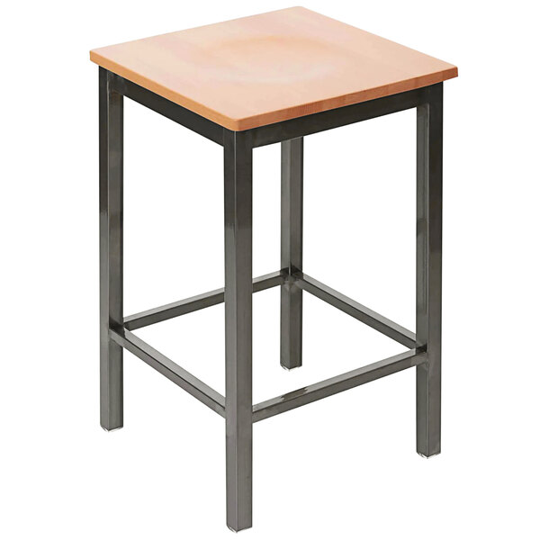A BFM Seating metal bar stool with a natural wooden seat.