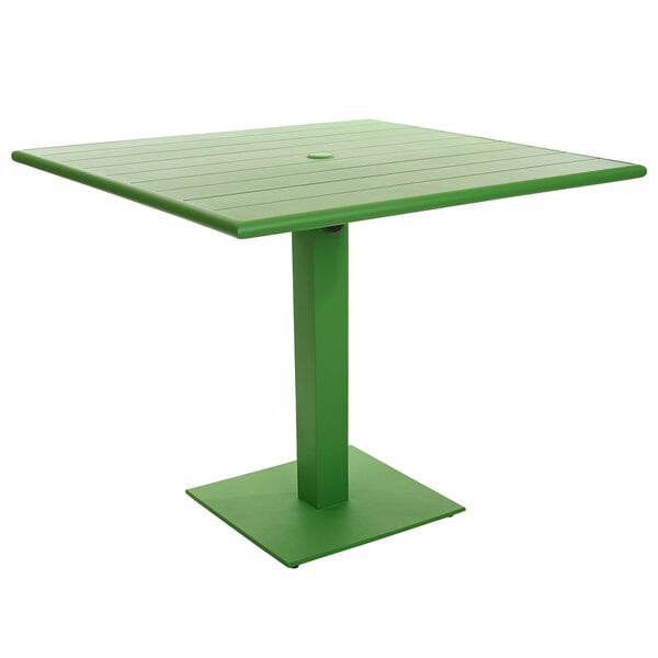 A green square BFM Seating Beachcomber-Margate table with a square base.