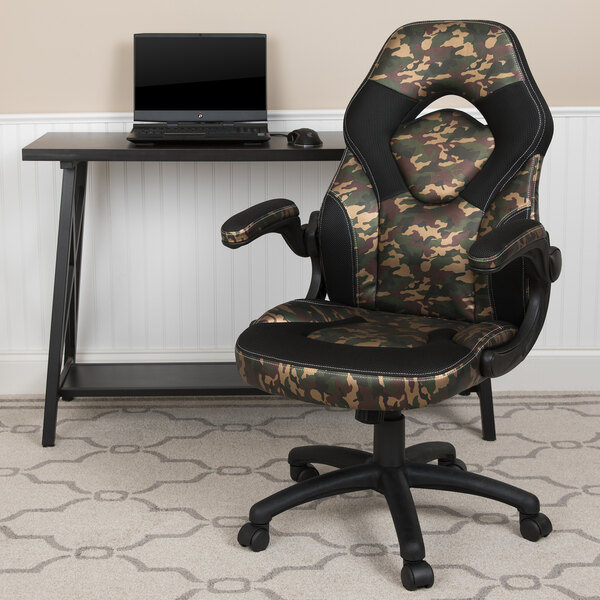 A Flash Furniture high-back office chair with camo print and flip-up arms at a computer desk.