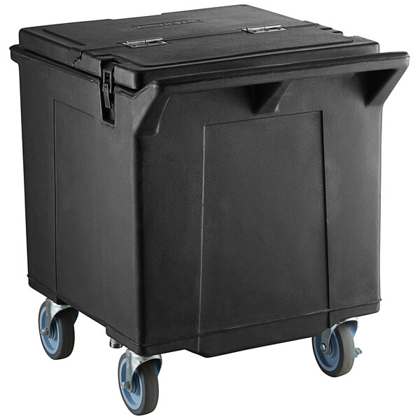 a black plastic container with blue wheels