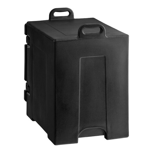 A black front-loading insulated food pan carrier with handles, designed to hold up to five full-size pans.