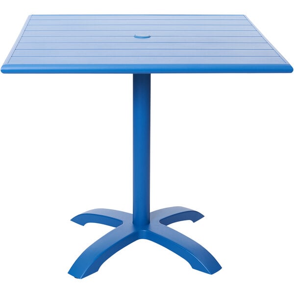 A blue BFM Seating table with a metal base.