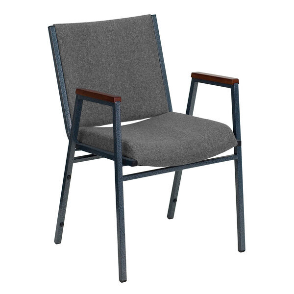 A gray chair with wooden armrests and gray fabric.