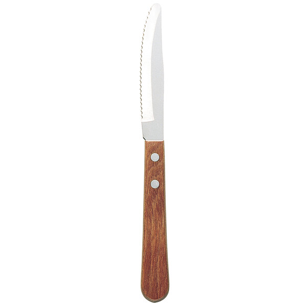 A Walco stainless steel steak knife with a serrated round tip and a pakka wood handle.