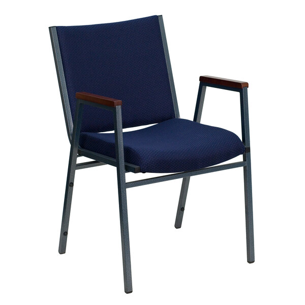 A navy blue chair with metal frame and armrests.