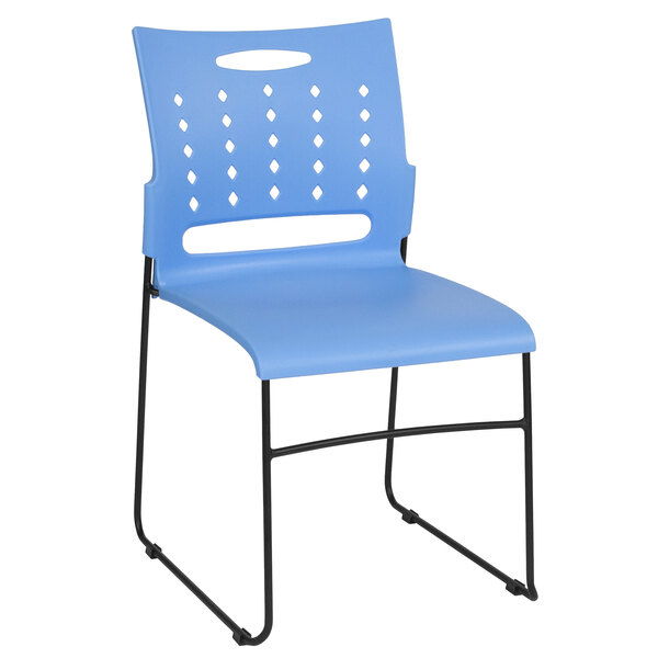 A blue plastic Flash Furniture stack chair with black legs.