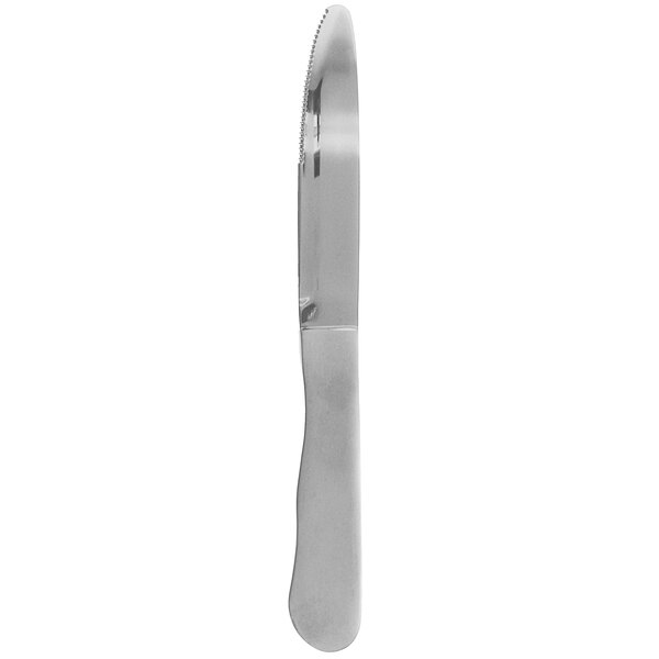 A close-up of a Walco jumbo steak knife with a silver satin handle.