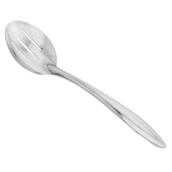 A close-up of a Walco stainless steel long slotted spoon with a white background.