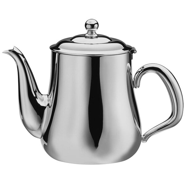 A Walco brushed stainless steel gooseneck teapot with a lid on a white background.