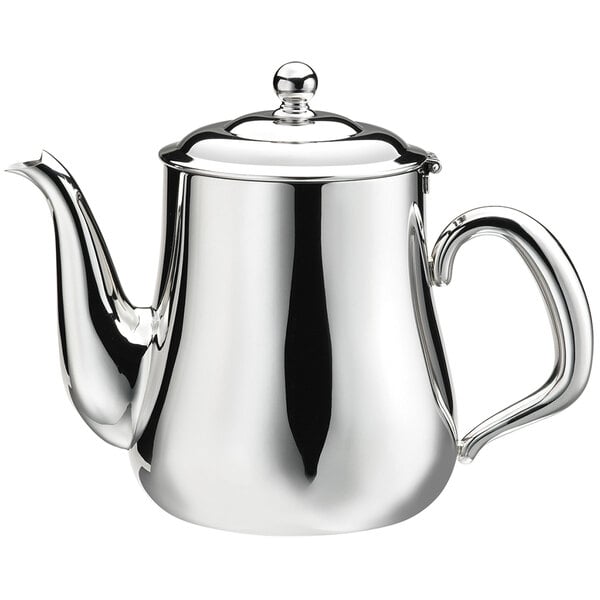 A silver Walco stainless steel gooseneck teapot with a lid on a white background.
