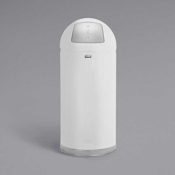 A white Rubbermaid trash can with a round push door.