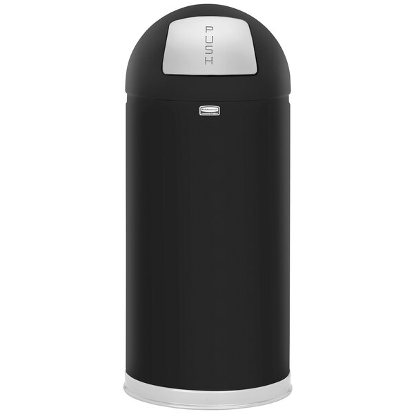 A black Rubbermaid round top trash can with a silver push door.