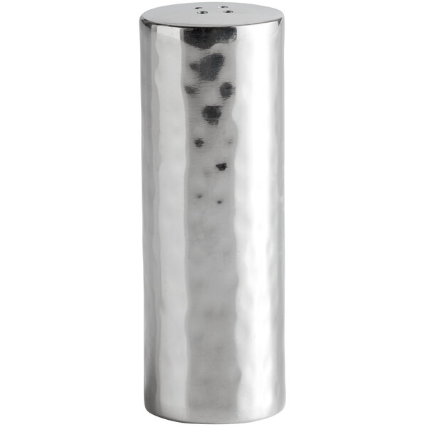 A Libbey Sonoran stainless steel pepper shaker with a hammered design.