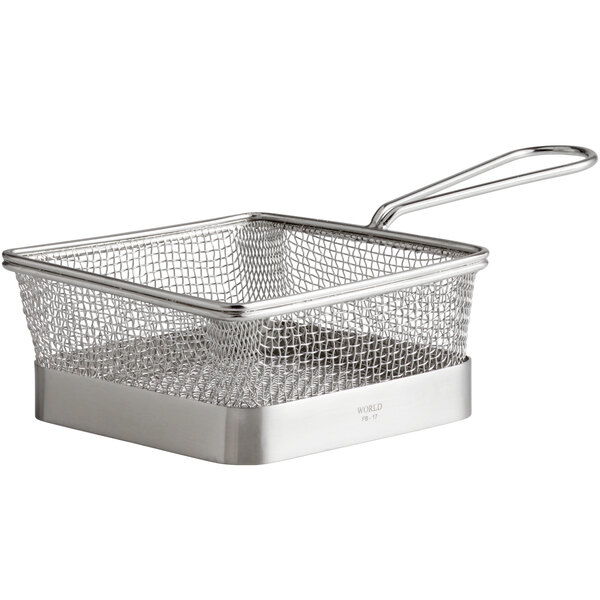 A square stainless steel Libbey fry presentation basket with a handle.