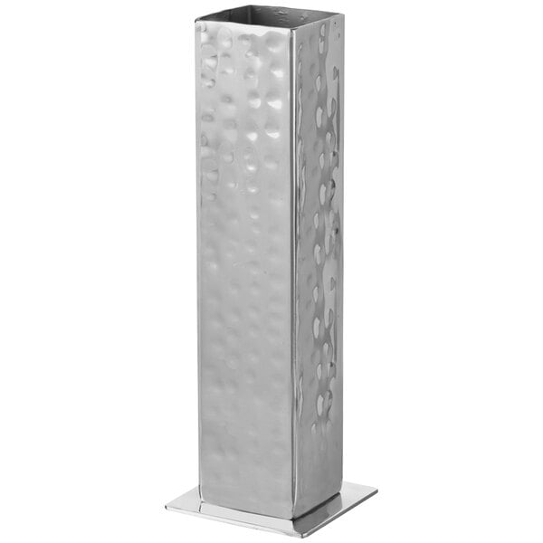A silver rectangular Libbey Sonoran stainless steel bud vase with a square top.
