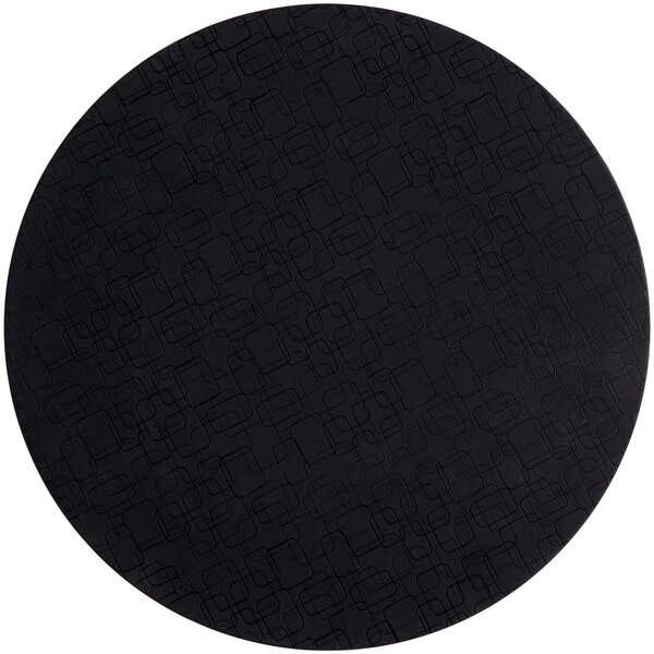 A black round Libbey Sonoran placemat with a square pattern.