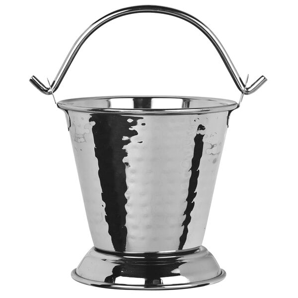 A silver stainless steel pail with a handle and round base.